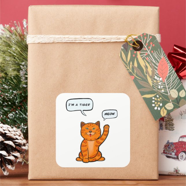 Cute orange cat says "Meow". Tiger 2022 T-Shirt Th Square Sticker (Holiday)