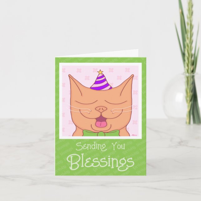 Cute Orange Cat With Birthday Hat Blessings Card (Front)