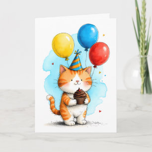 Cute Orange Cat with Cupcake Kid's Happy Birthday Card