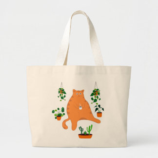 Cute Orange Cat With Plant, Cute Cat Gift Large Tote Bag