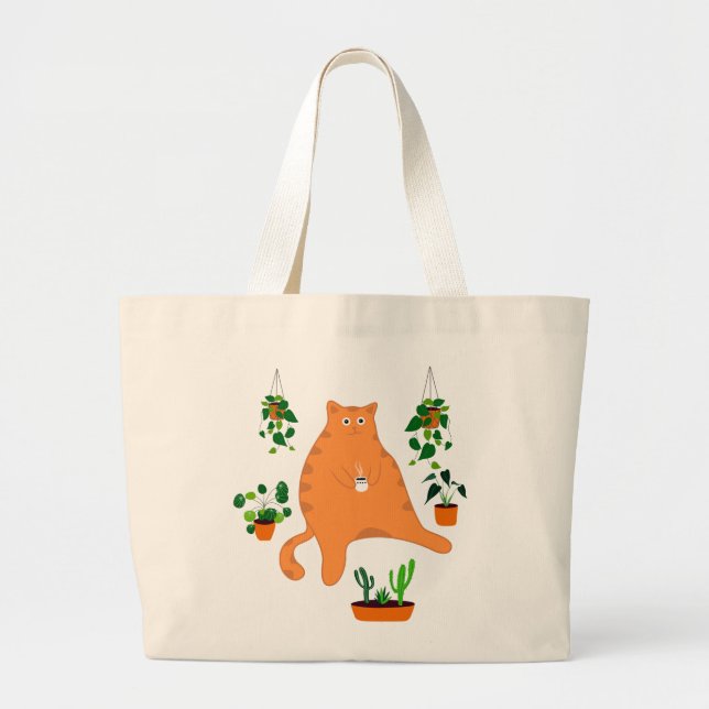 Cute Orange Cat With Plant, Cute Cat Gift Large Tote Bag (Front)