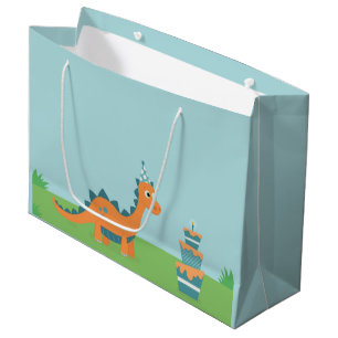 Cute orange dinosaur next to birthday cake large gift bag