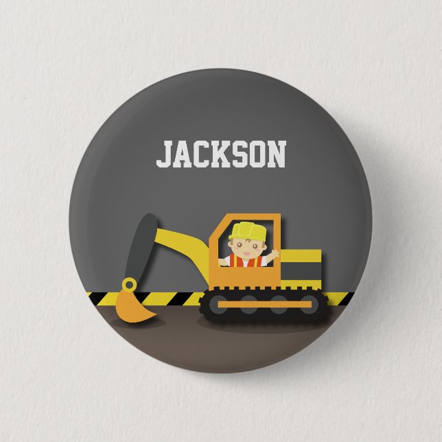 Cute Orange Excavator Construction Builder Boy 2 Inch Round Button (Front)