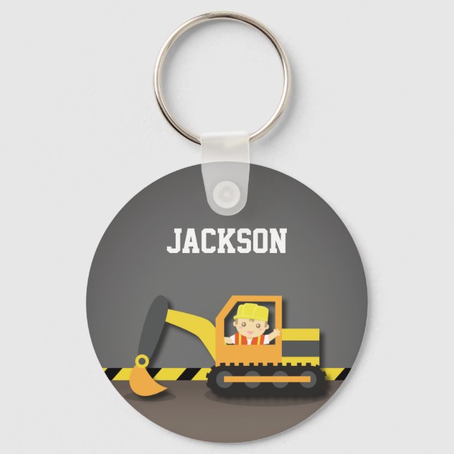 Cute Orange Excavator Construction Builder Boy Keychain (Front)