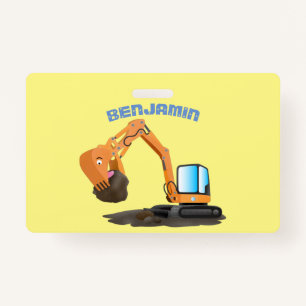 Cute orange excavator digger cartoon badge