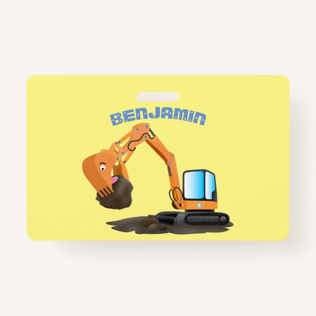 Cute orange excavator digger cartoon badge (Front)
