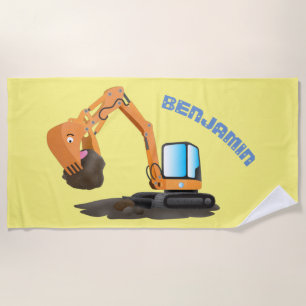 Cute orange excavator digger cartoon beach towel