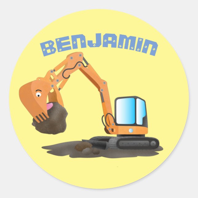 Cute orange excavator digger cartoon classic round sticker (Front)