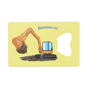 Cute orange excavator digger cartoon credit card bottle opener