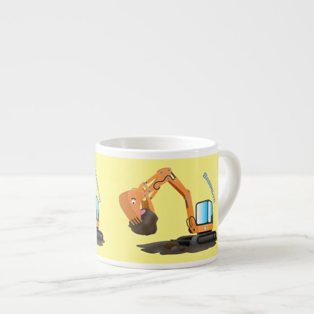 Cute orange excavator digger cartoon espresso cup (Front Right)