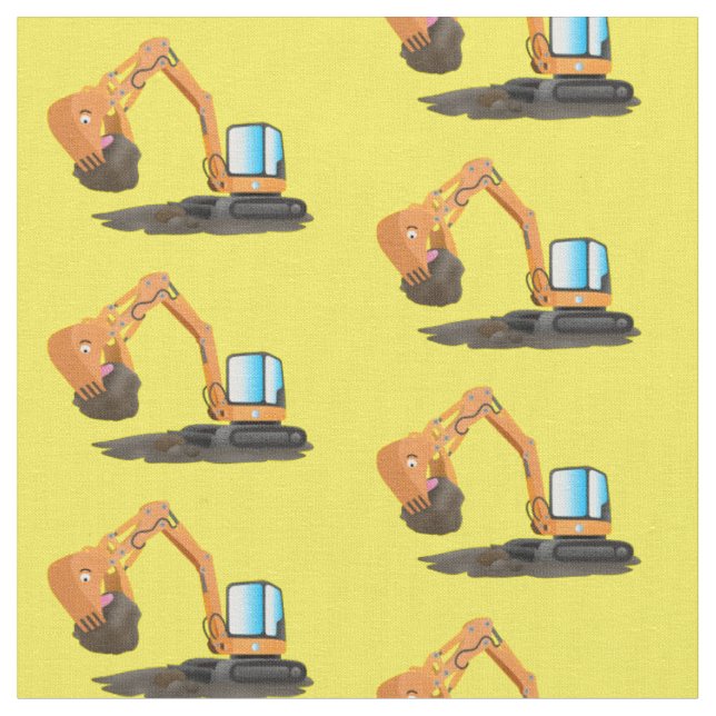 Cute orange excavator digger cartoon fabric (Close Up)