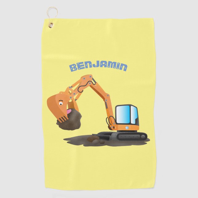 Cute orange excavator digger cartoon golf towel (Front)