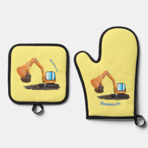 Cute orange excavator digger cartoon oven mitt & pot holder set