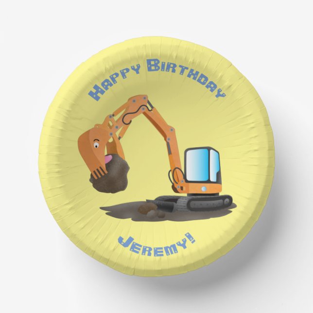 Cute orange excavator digger cartoon paper plates (Front)