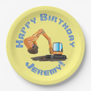 Cute orange excavator digger cartoon personalized paper plate
