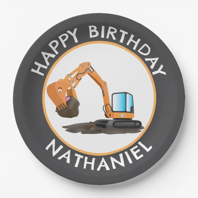 Cute orange excavator digger cartoon personalized paper plate (Front)