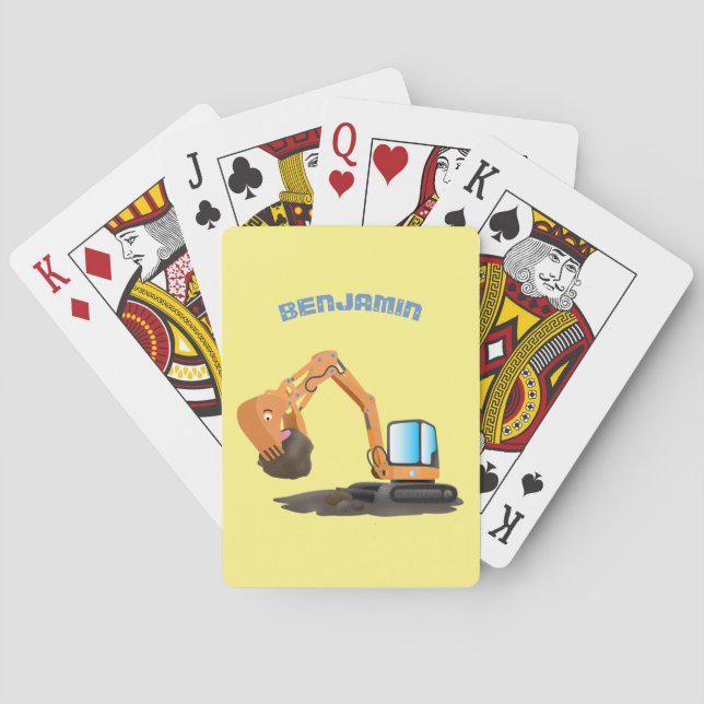 Cute orange excavator digger cartoon playing cards (Back)