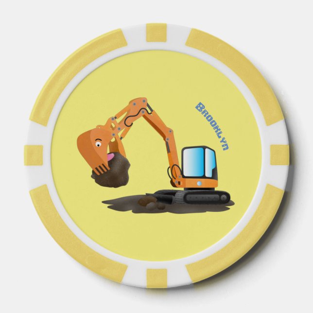 Cute orange excavator digger cartoon poker chips (Front)