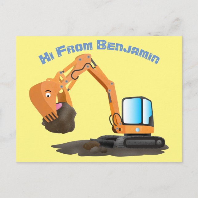 Cute orange excavator digger cartoon postcard (Front)