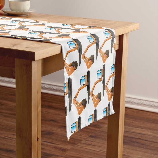 Cute orange excavator digger cartoon short table runner (In Situ)