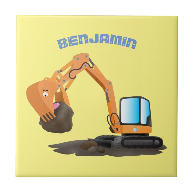 Cute orange excavator digger cartoon tile (Front)