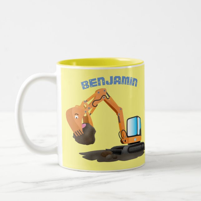 Cute orange excavator digger cartoon Two-Tone coffee mug (Left)