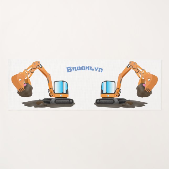 Cute orange excavator digger cartoon yoga mat (Front (Horizontal))
