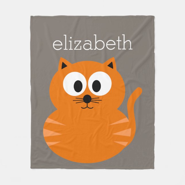 Cute Orange Fat Cat with Taupe Personalized Fleece Blanket (Front)