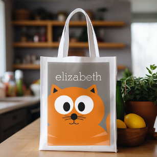 Cute Orange Fat Cat with Taupe Personalized Reusable Grocery Bag