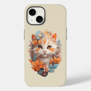 Cute Orange Floral Kitty Cat Case-Mate iPhone 14 Case