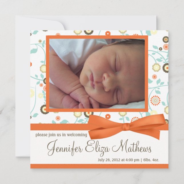 Cute Orange Flower Pattern Baby Girl Announcement (Front)