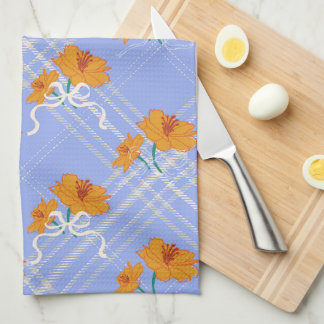 Cute Orange Flower Seamless on Plaid Blue Kitchen Towel