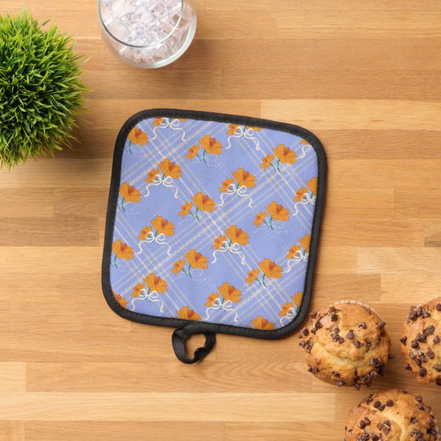 Cute Orange Flower Seamless on Plaid Blue Pot Holder (Top Down)