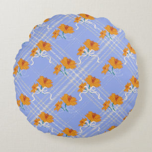Cute Orange Flower Seamless on Plaid Blue Round Pillow
