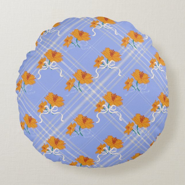 Cute Orange Flower Seamless on Plaid Blue Round Pillow (Front)