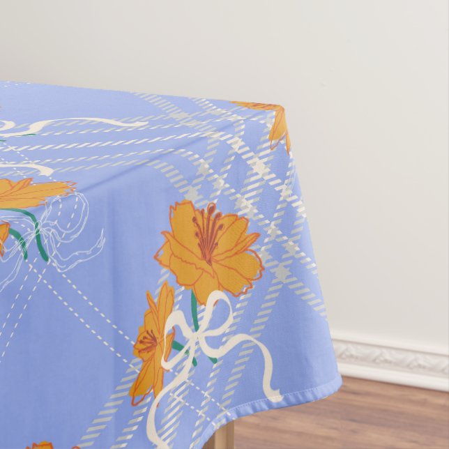 Cute Orange Flower Seamless on Plaid Blue Tablecloth (In Situ)