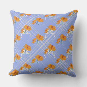 Cute Orange Flower Seamless on Plaid Blue Throw Pillow