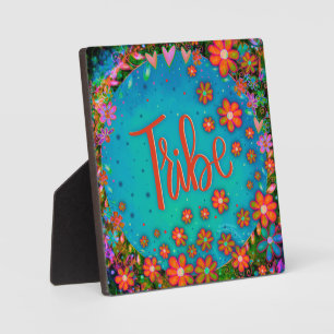 Cute Orange Flowers Blue Whimsical Tribe Easel Plaque