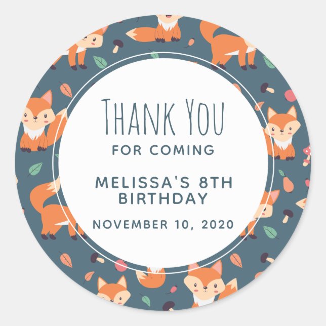 Cute Orange Fox Animal Pattern  Birthday Thank You Classic Round Sticker (Front)