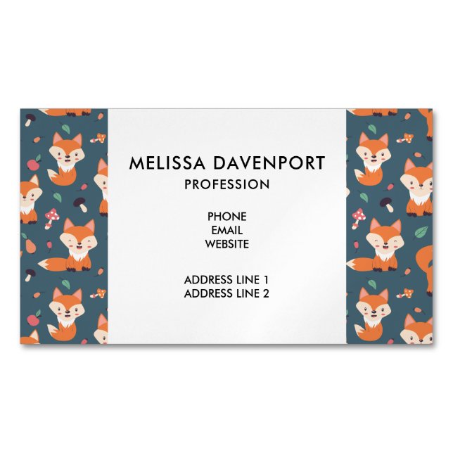 Cute Orange Fox Animal Pattern Magnetic Business Card (Front)