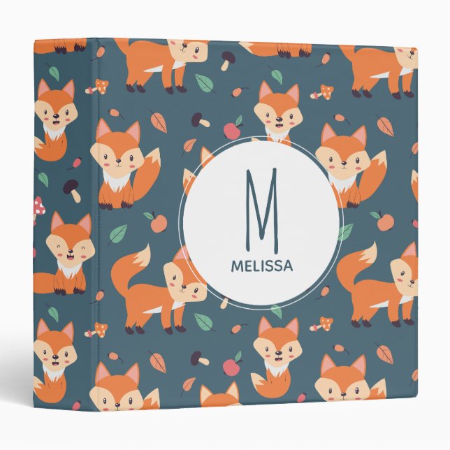 Cute Orange Fox Animal Pattern Monogram Binder (Front/Spine)