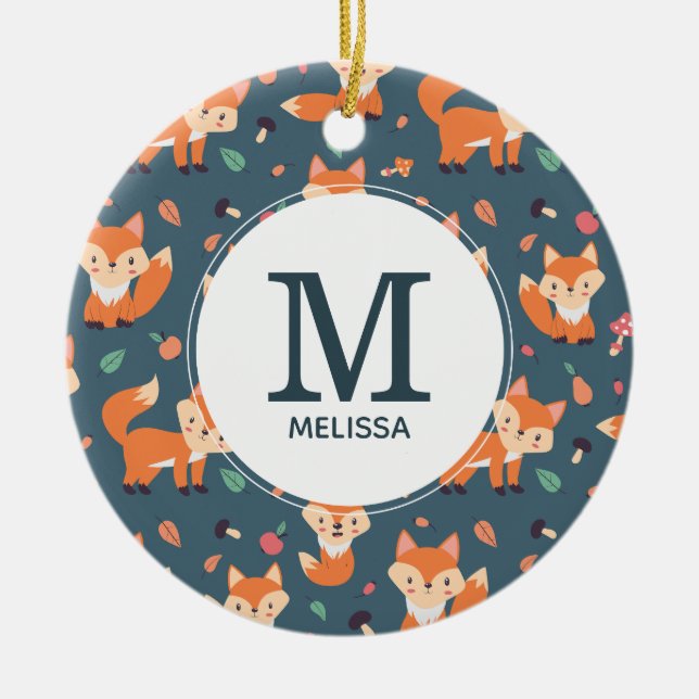 Cute Orange Fox Animal Pattern Monogram Ceramic Ornament (Front)