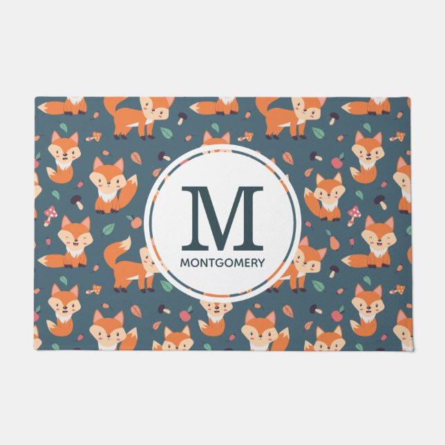 Cute Orange Fox Animal Pattern Monogram Doormat (Front)