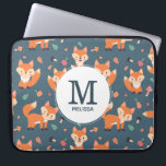 Cute Orange Fox Animal Pattern Monogram Laptop Sleeve<br><div class="desc">Personalized laptop sleeve with a pattern made with cute and happy orange foxes. Dark green background. Little mushrooms and leaves sprinkled about.
A white circle layered over top with your name and monogram initial inside.</div>