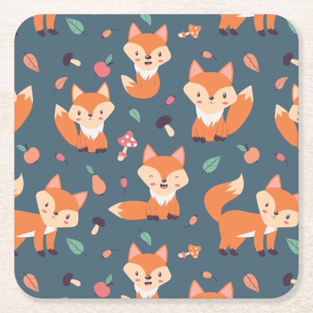 Cute Orange Fox Animal Pattern Square Paper Coaster (Front)