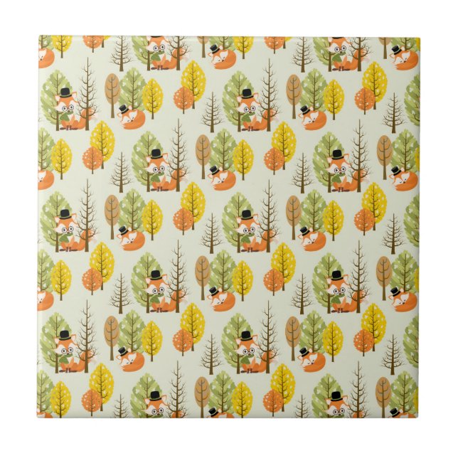 Cute Orange Fox Autumn Trees Forest Hipster Tile (Front)