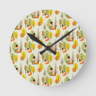 Cute Orange Fox Black Hat Nerd Hipster Glasses Fox Round Clock