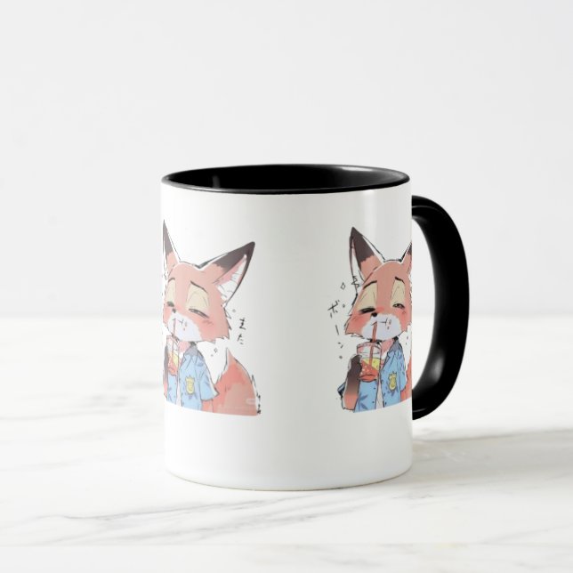 Cute Orange Fox Drinking Juice Mug – Fun Animal Lo (Devant droit)