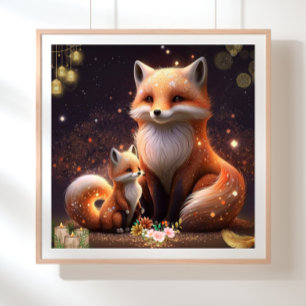 Cute Orange Fox Mom & Baby Art Nursery Poster