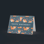 Cute Orange Fox Pattern Happy Birthday Card<br><div class="desc">Happy Birthday greeting card with a pattern made with cute and happy orange foxes. Dark green background. Little mushrooms sprinkled about.</div>